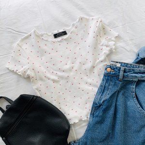 Bershka Cherry Print Lettuce Hem Crop T shirt